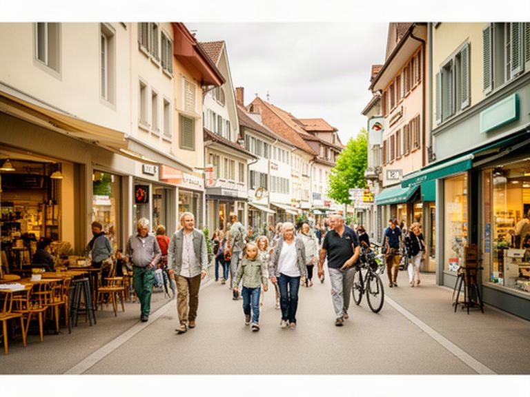 Belebte Strassenansicht in Wohlen mit lokalen Geschäften, Gastronomie und regionalen Kundinnen und Kunden
