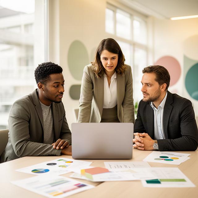 Moderne Arbeitsgruppe mit Laptop und Marktunterlagen in einem hellen Büro zwischen Zürich und Aargau