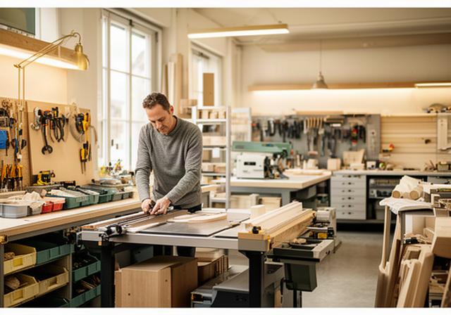 Modernisierter Handwerksbetrieb in Wohlen mit Werkbank, klar beschrifteten Abläufen und arbeitendem Inhaber