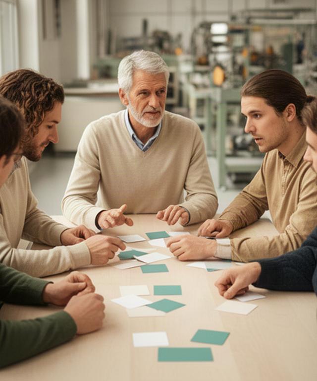 Moderierter Workshop mit Familienmitgliedern eines Produktionsbetriebs an einem Tisch mit Prozesskarten
