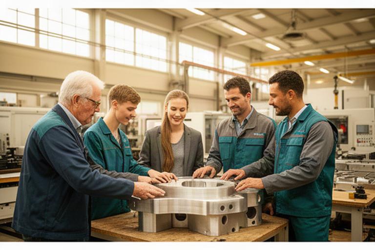Familie und Mitarbeitende in einer hellen Produktionshalle im Aargau bei der Besprechung eines Werkstücks